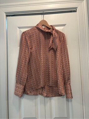 Zara Pink-Red Geometric Tie-Neck Blouse